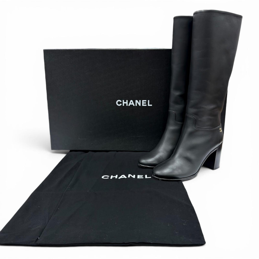 Great CHANEL Knee-high boots COCO Mark leather black leather Women 37.5 G32009