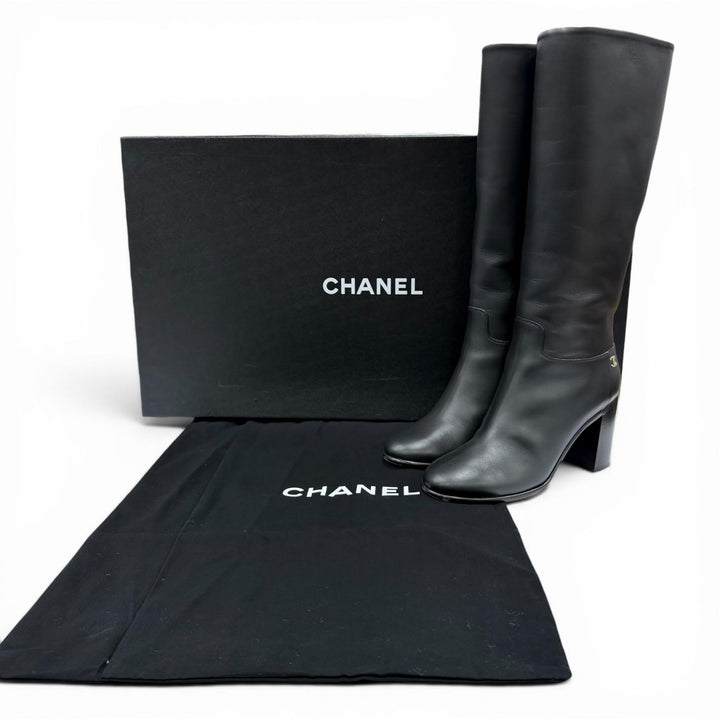 Great CHANEL Knee-high boots COCO Mark leather black leather Women 37.5 G32009