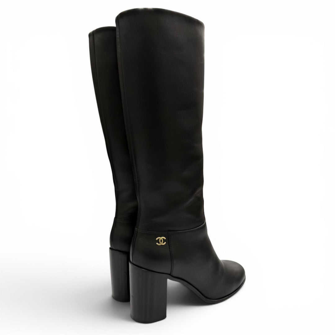 Great CHANEL Knee-high boots COCO Mark leather black leather Women 37.5 G32009