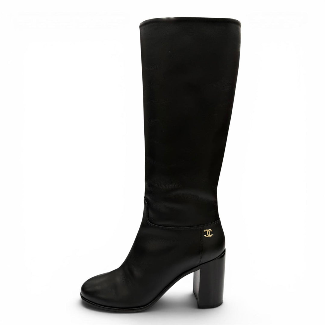 Great CHANEL Knee-high boots COCO Mark leather black leather Women 37.5 G32009