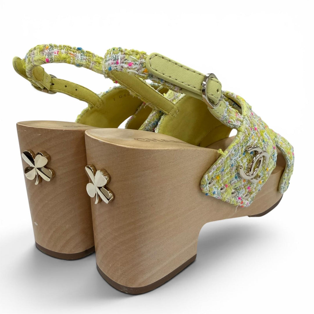 Pristine CHANEL Sandals COCO Mark Backstrap Tweed Wedge Heels yellow 35 G45389