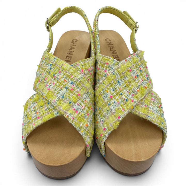 Pristine CHANEL Sandals COCO Mark Backstrap Tweed Wedge Heels yellow 35 G45389