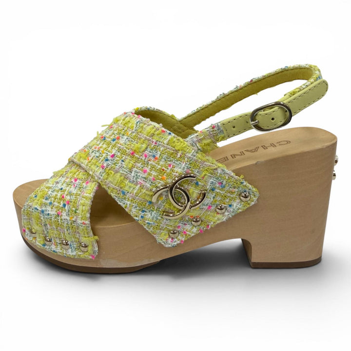 Pristine CHANEL Sandals COCO Mark Backstrap Tweed Wedge Heels yellow 35 G45389