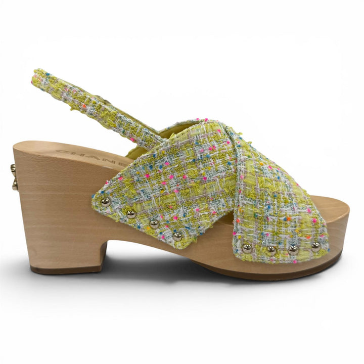 Pristine CHANEL Sandals COCO Mark Backstrap Tweed Wedge Heels yellow 35 G45389