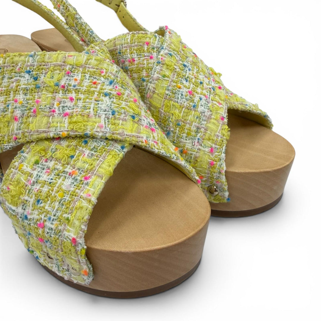 Pristine CHANEL Sandals COCO Mark Backstrap Tweed Wedge Heels yellow 35 G45389