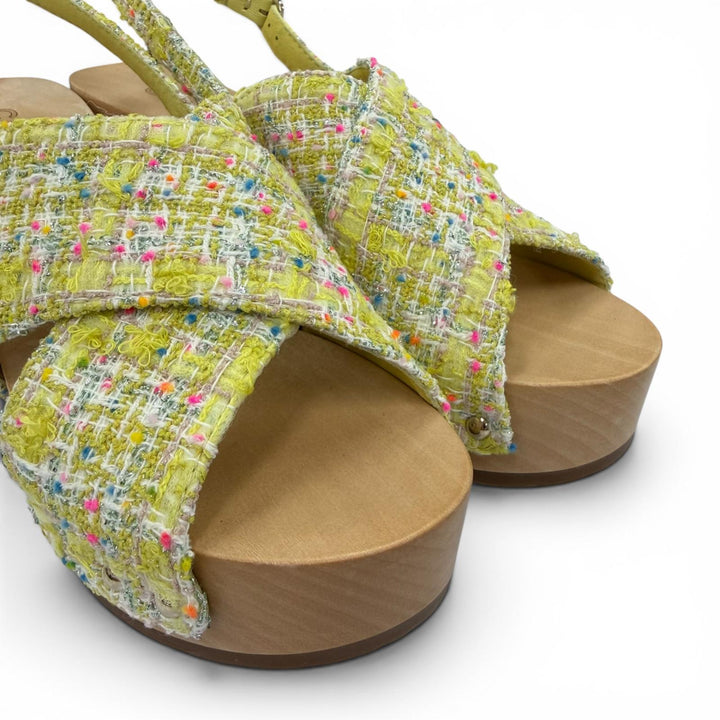 Pristine CHANEL Sandals COCO Mark Backstrap Tweed Wedge Heels yellow 35 G45389