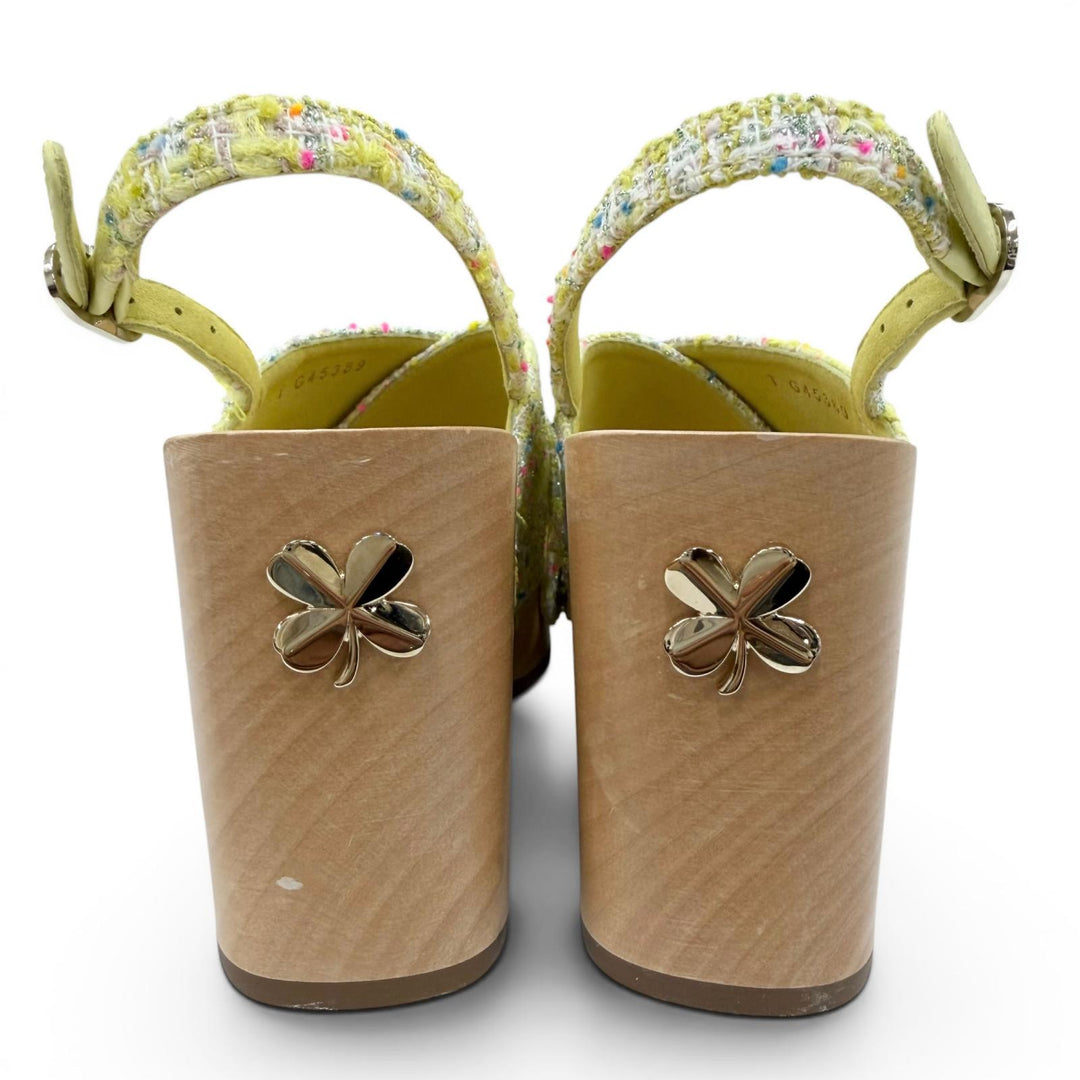 Pristine CHANEL Sandals COCO Mark Backstrap Tweed Wedge Heels yellow 35 G45389