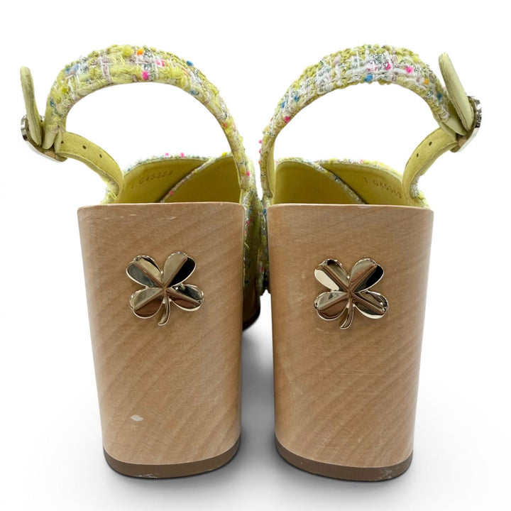 Pristine CHANEL Sandals COCO Mark Backstrap Tweed Wedge Heels yellow 35 G45389