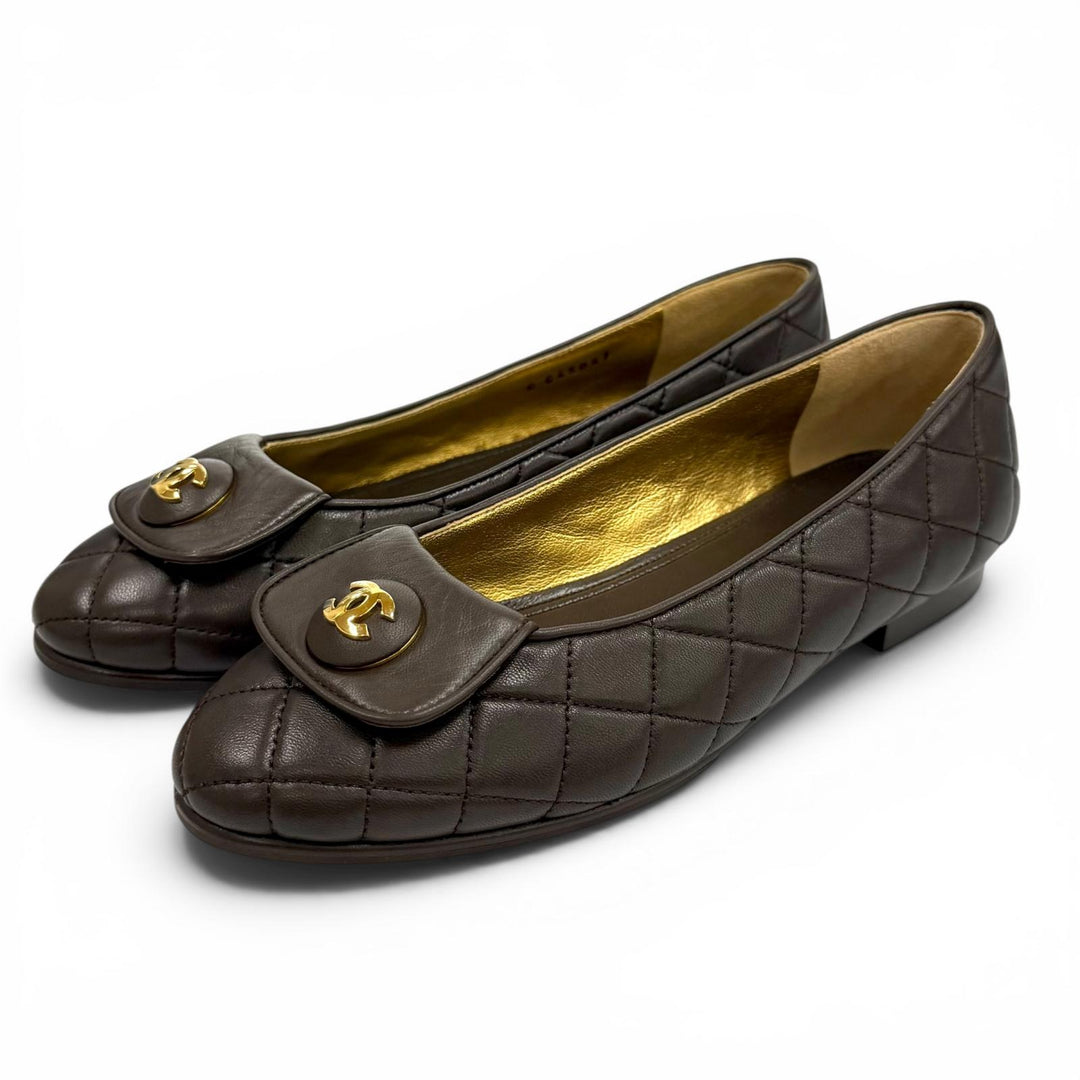 Great CHANEL Ballet shoes ballerina COCO Mark Matrasse leather 37 23A G45047