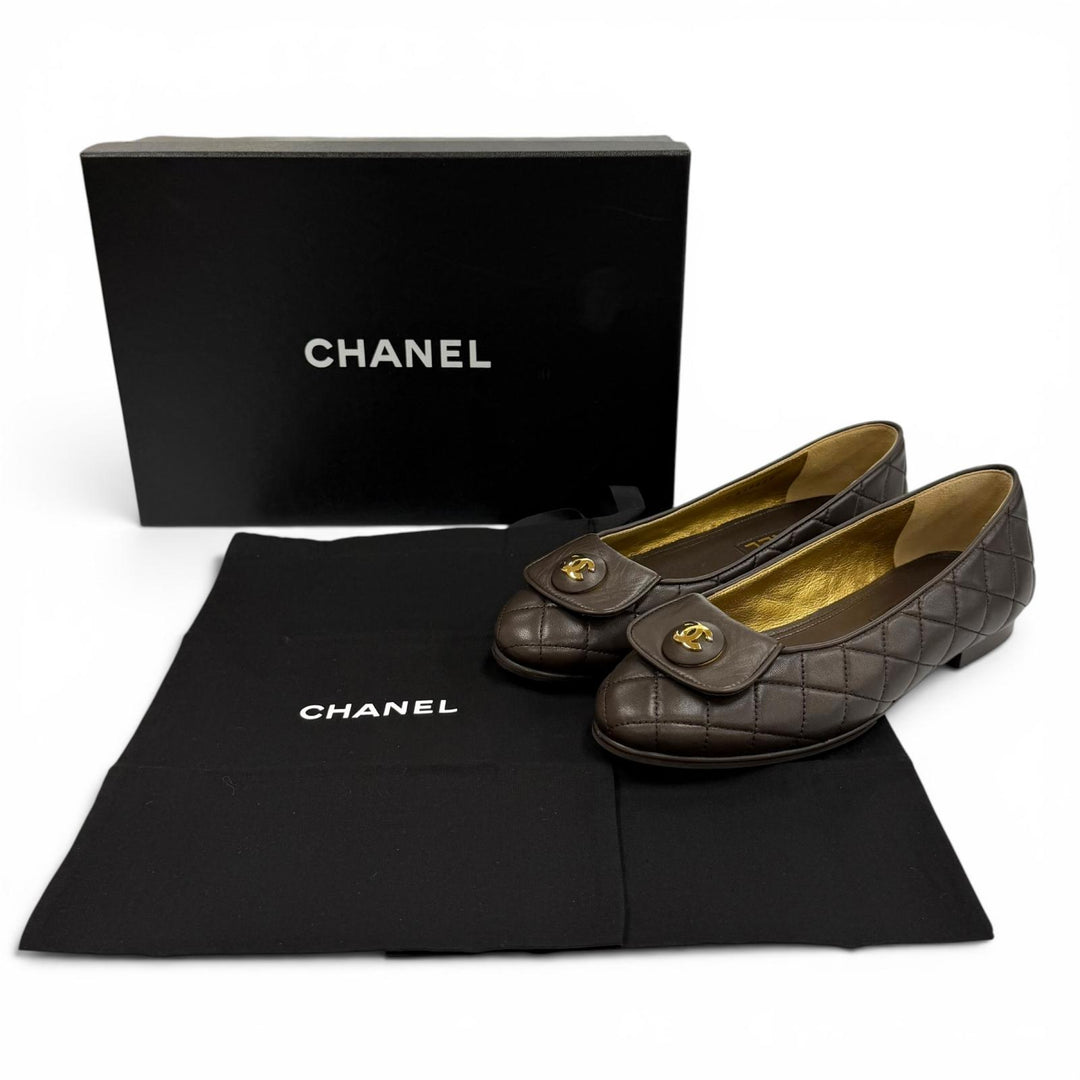 Great CHANEL Ballet shoes ballerina COCO Mark Matrasse leather 37 23A G45047