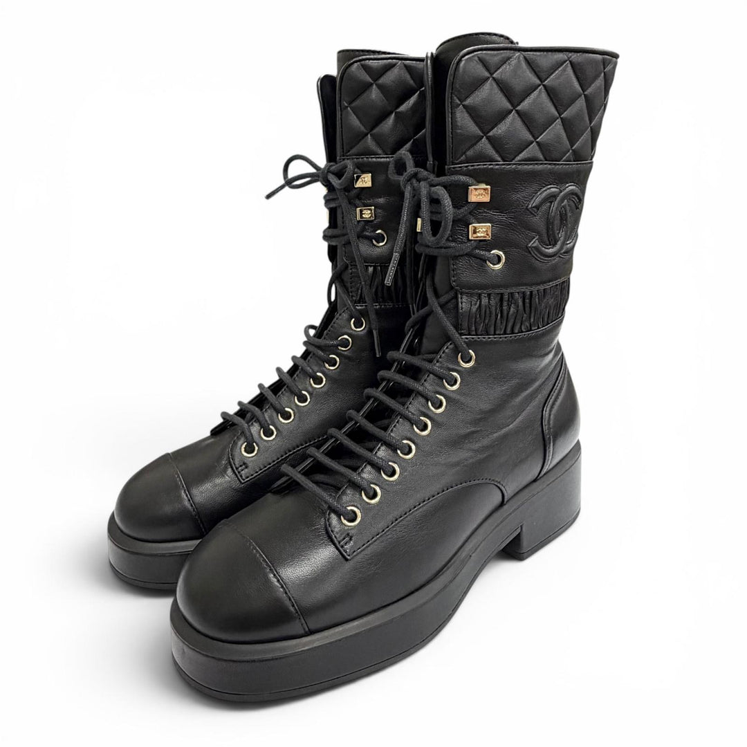 Excellent CHANEL short boots COCO Mark Matelasse Lace-Up black 37.5 G37956X01000