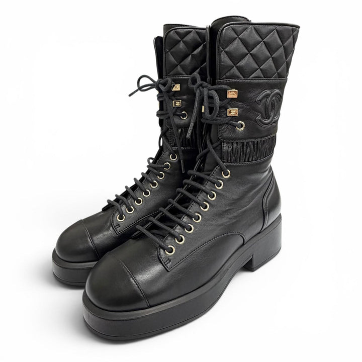 Excellent CHANEL short boots COCO Mark Matelasse Lace-Up black 37.5 G37956X01000