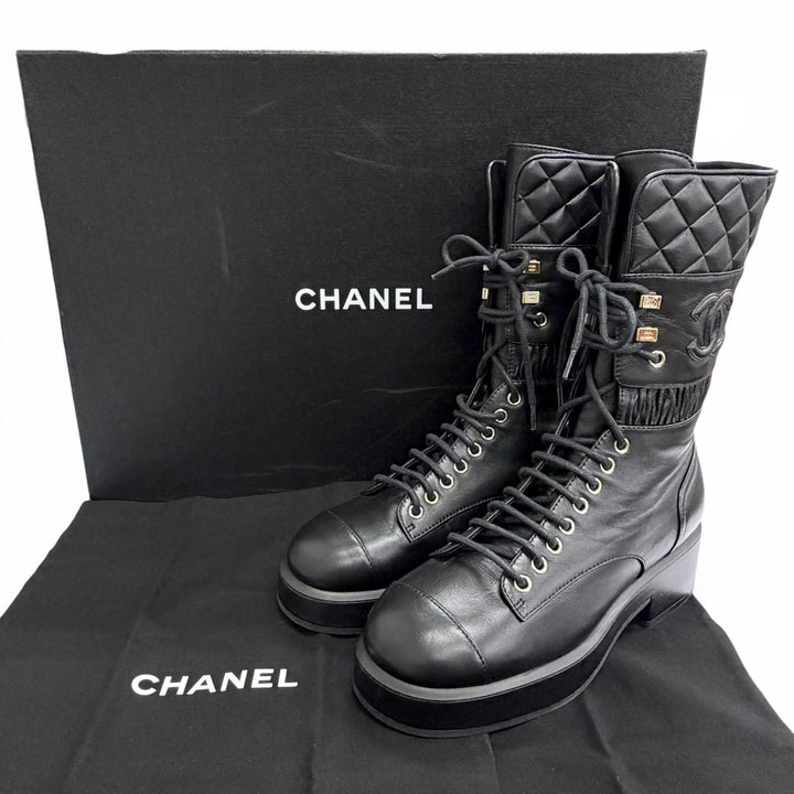 Excellent CHANEL short boots COCO Mark Matelasse Lace-Up black 37.5 G37956X01000
