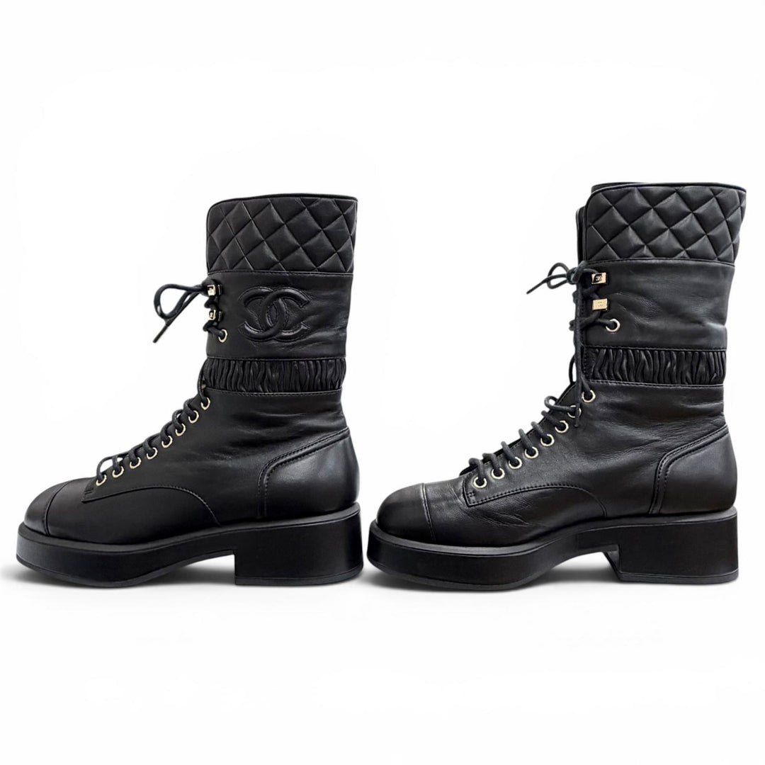 Excellent CHANEL short boots COCO Mark Matelasse Lace-Up black 37.5 G37956X01000