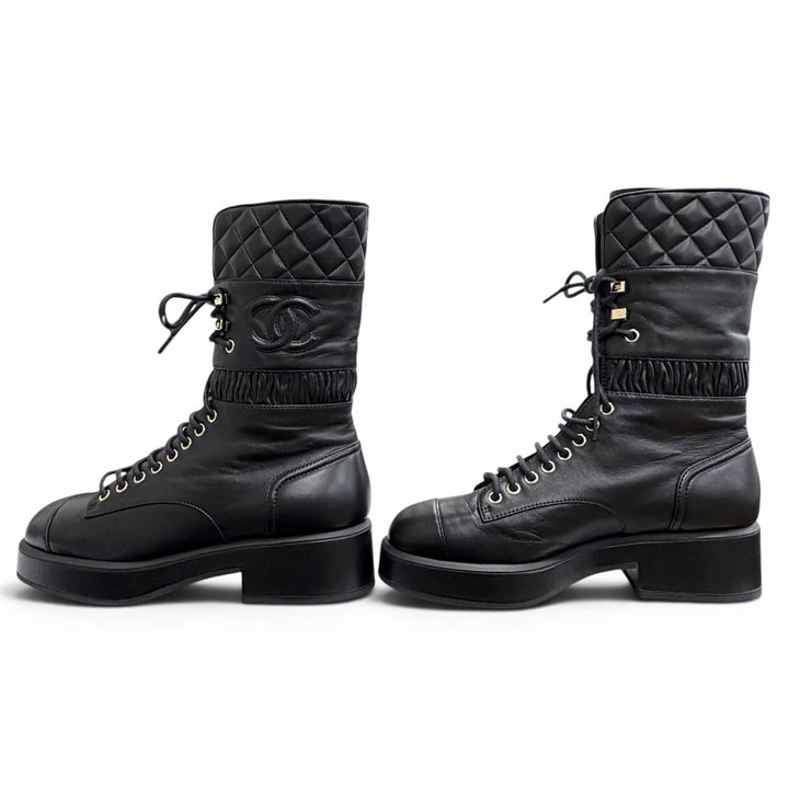 Excellent CHANEL short boots COCO Mark Matelasse Lace-Up black 37.5 G37956X01000