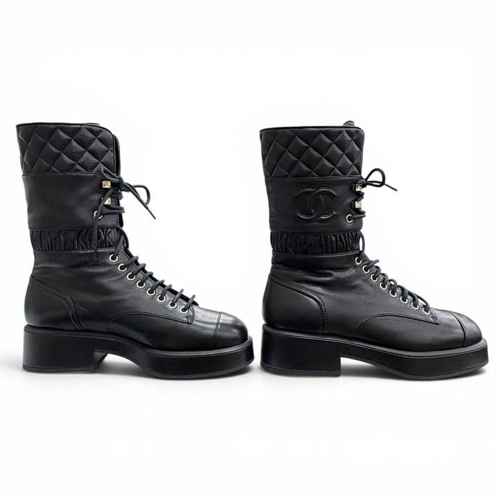 Excellent CHANEL short boots COCO Mark Matelasse Lace-Up black 37.5 G37956X01000