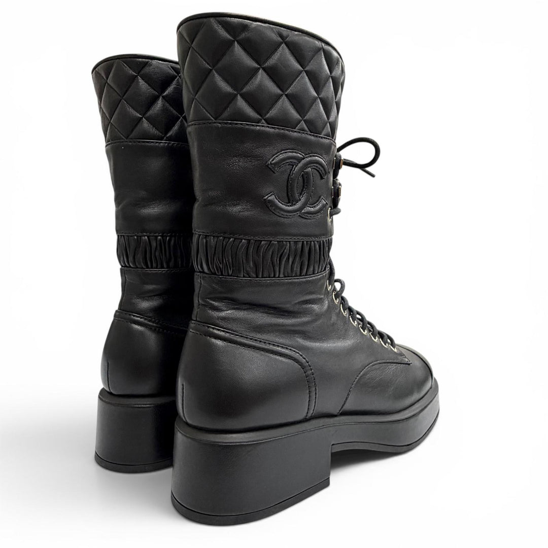 Excellent CHANEL short boots COCO Mark Matelasse Lace-Up black 37.5 G37956X01000