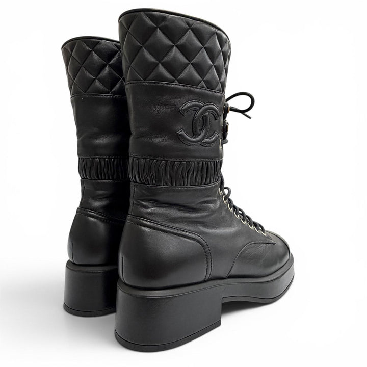 Excellent CHANEL short boots COCO Mark Matelasse Lace-Up black 37.5 G37956X01000