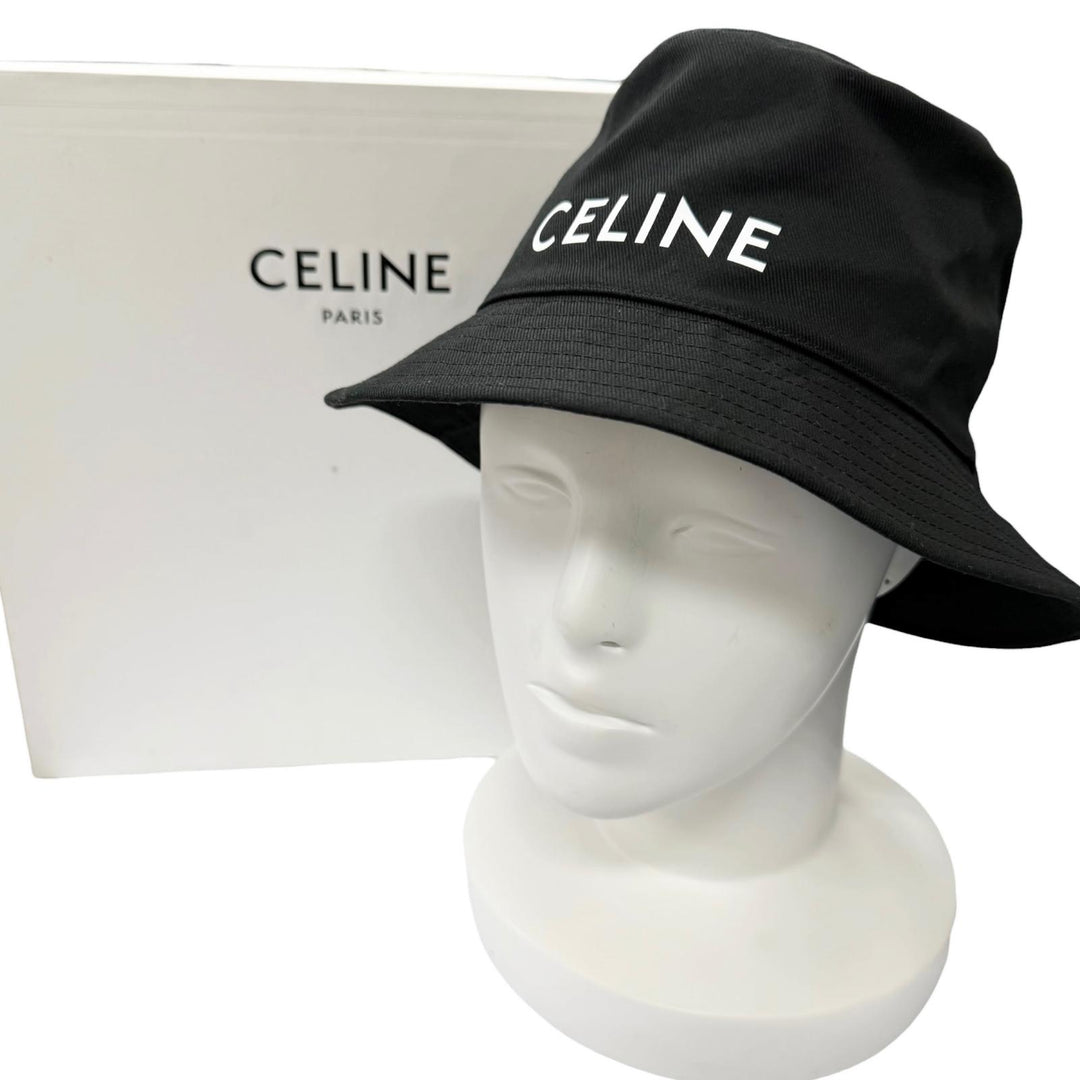 Great CELINE hat Logo Gabardine Cotton Bucket black cotton mens S