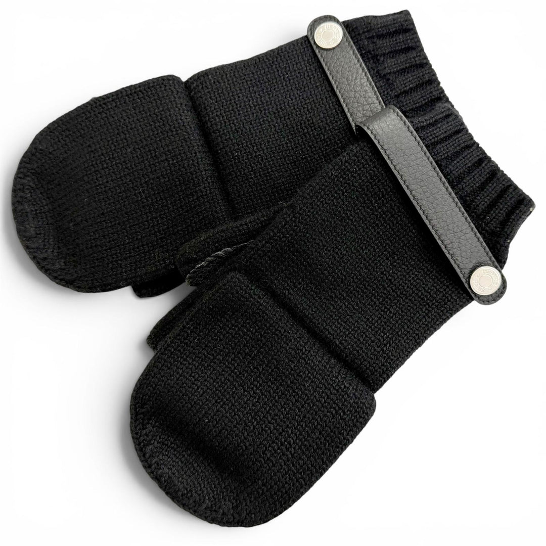 Excellent HERMES gloves Lionel Serie Button Deerskin Leather Knit Gloves black M