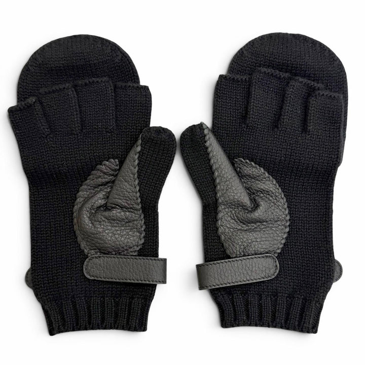 Excellent HERMES gloves Lionel Serie Button Deerskin Leather Knit Gloves black M