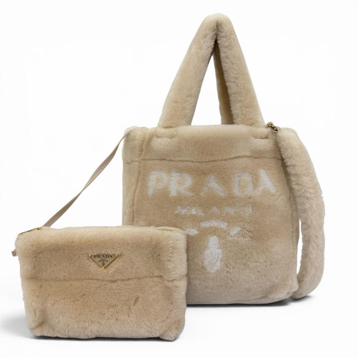 Excellent PRADA Shoulder Bag Terry Shearling Tote Triangle logo 2WAY 1BG447