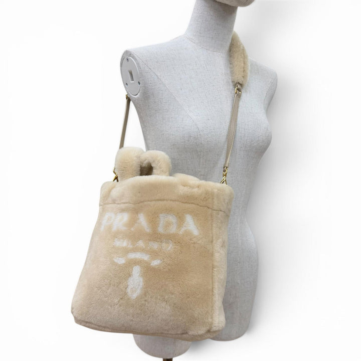 Excellent PRADA Shoulder Bag Terry Shearling Tote Triangle logo 2WAY 1BG447