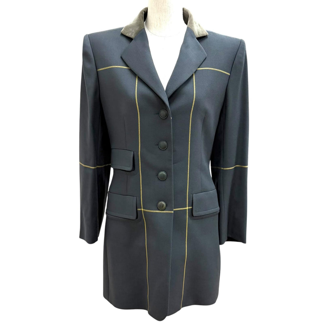Excellent HERMES Jacket Logo button, velour trim, long dress wool 38