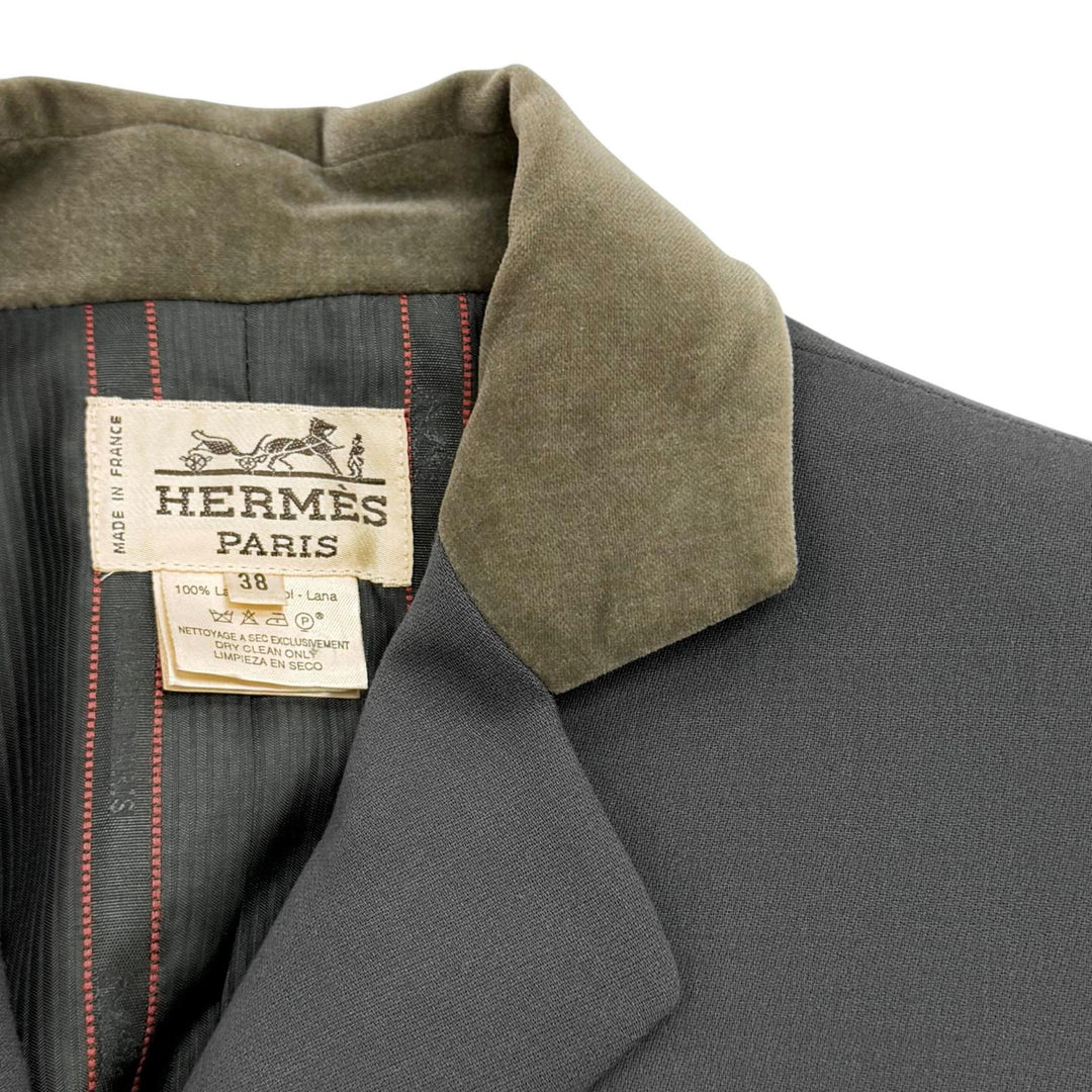 Excellent HERMES Jacket Logo button, velour trim, long dress wool 38
