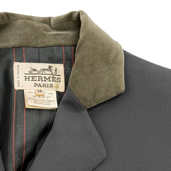 Excellent HERMES Jacket Logo button, velour trim, long dress wool 38