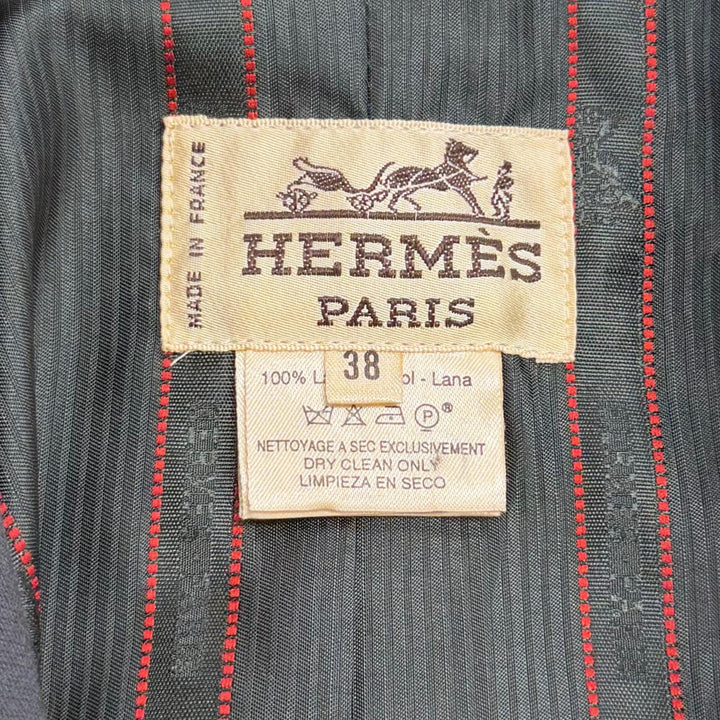 Excellent HERMES Jacket Logo button, velour trim, long dress wool 38