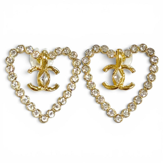 Excellent CHANEL COCO Mark Heart Crystal Rhinestone Piercing (Pair) L23C AB9926