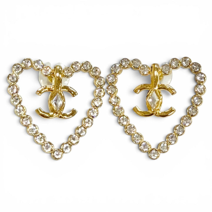 Excellent CHANEL COCO Mark Heart Crystal Rhinestone Piercing (Pair) L23C AB9926