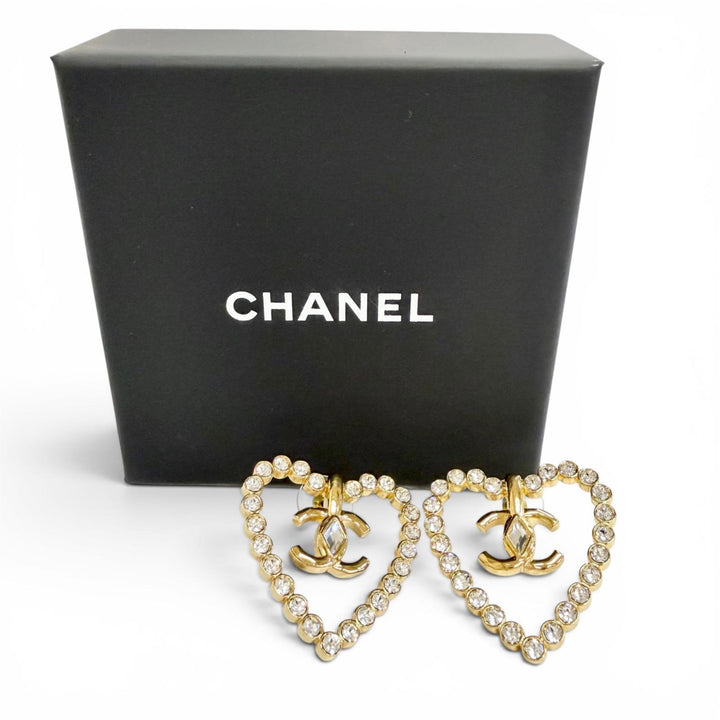 Excellent CHANEL COCO Mark Heart Crystal Rhinestone Piercing (Pair) L23C AB9926