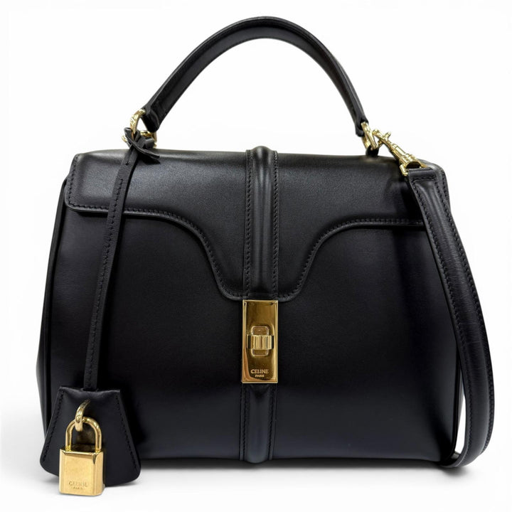 Great CELINE Shoulder Bag small 16 saises Satinated calfskin 2-way handbag black