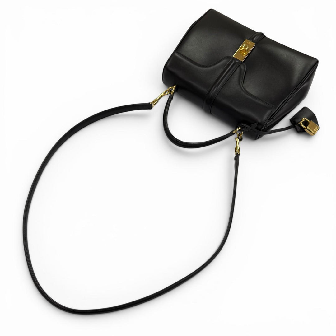Great CELINE Shoulder Bag small 16 saises Satinated calfskin 2-way handbag black