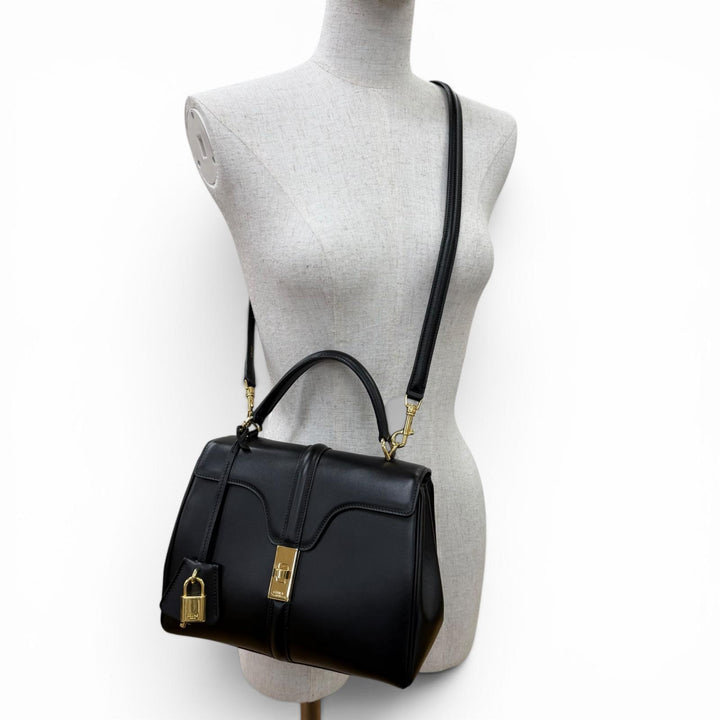 Great CELINE Shoulder Bag small 16 saises Satinated calfskin 2-way handbag black