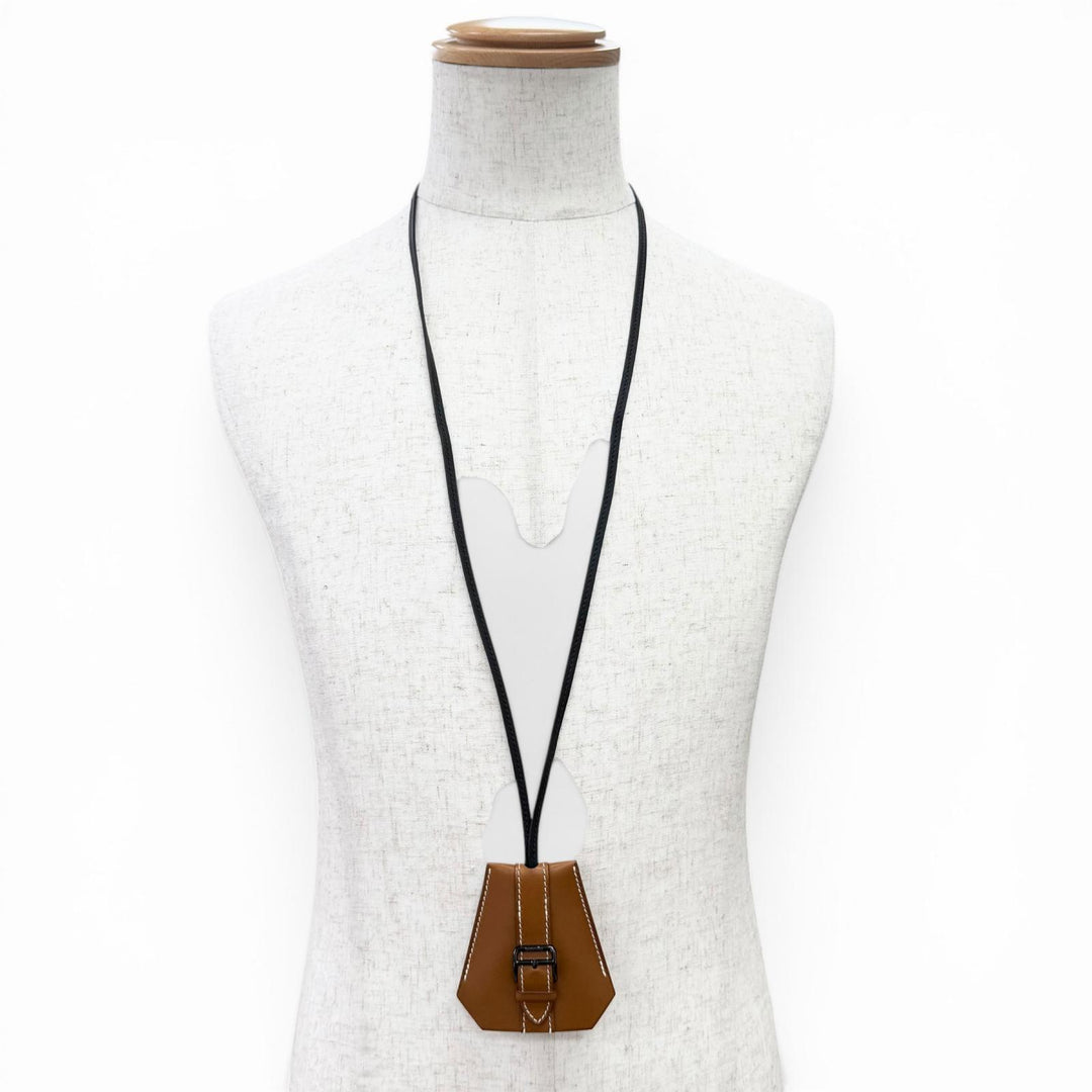 Excellent HERMES Necklace Clochette Buckle Long Necklace leather mens