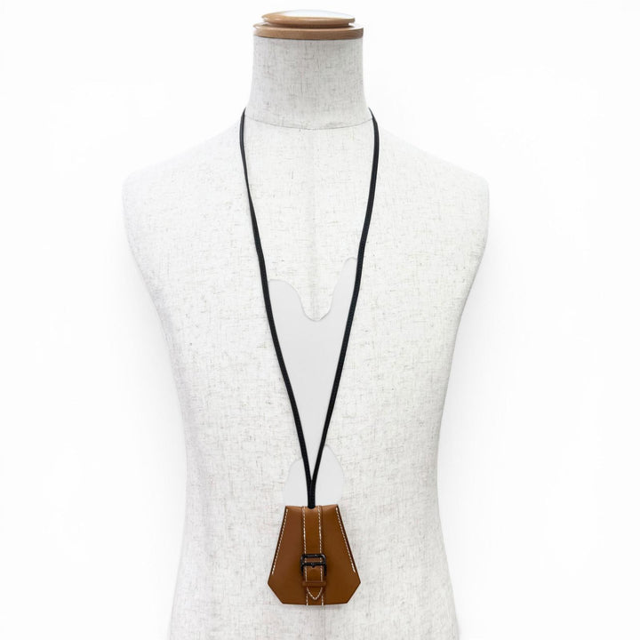 Excellent HERMES Necklace Clochette Buckle Long Necklace leather mens
