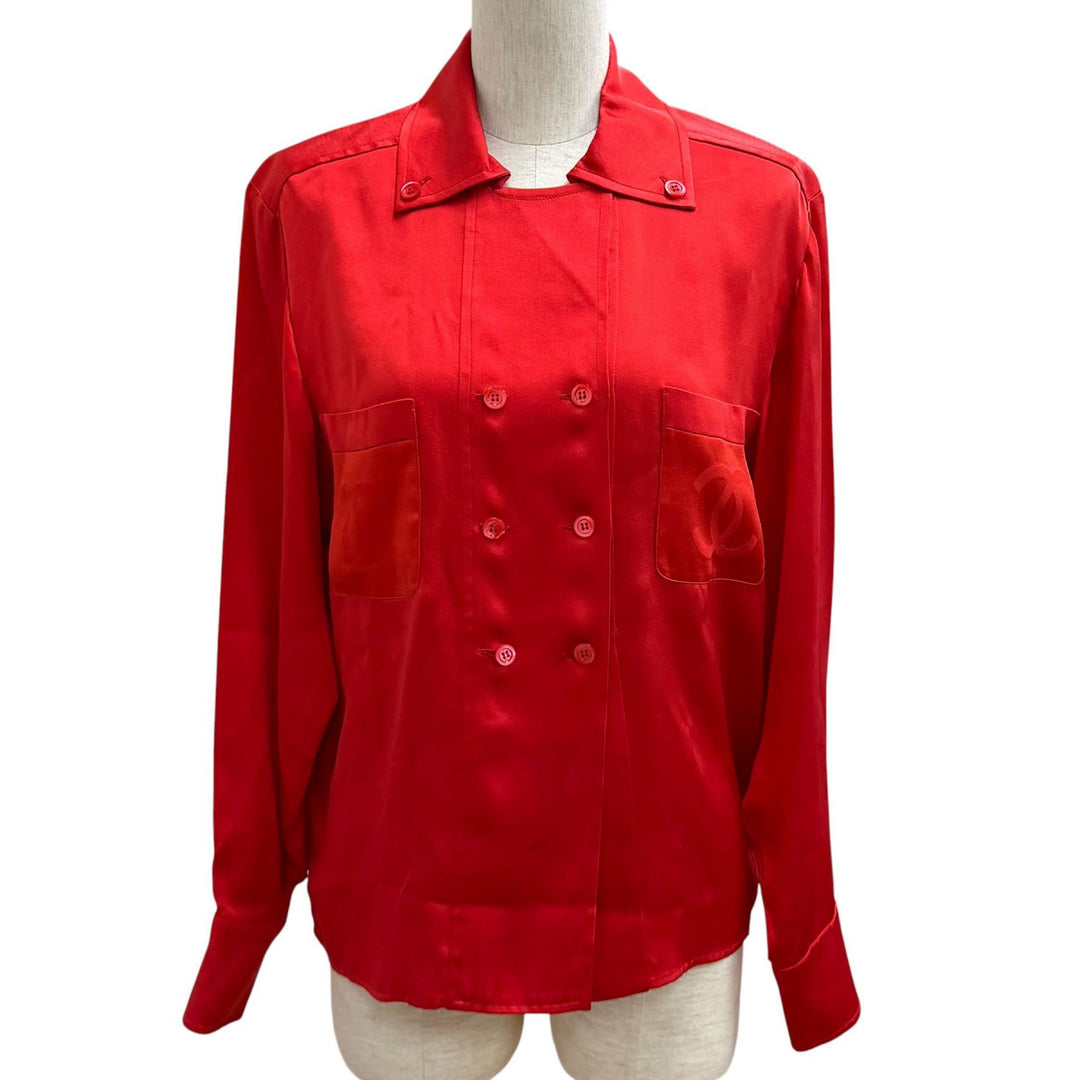 Excellent CHANEL blouse COCO Mark embroidered long-sleeved shirt Red silk 34