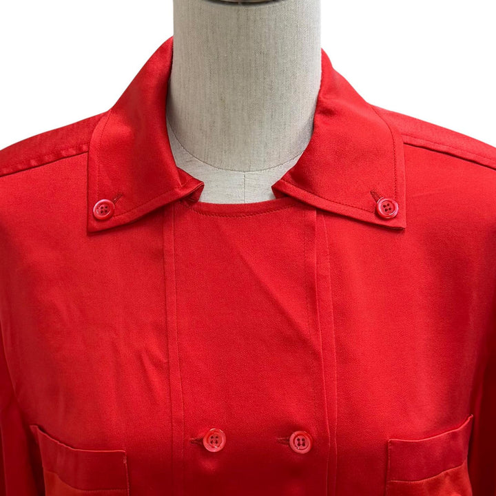 Excellent CHANEL blouse COCO Mark embroidered long-sleeved shirt Red silk 34