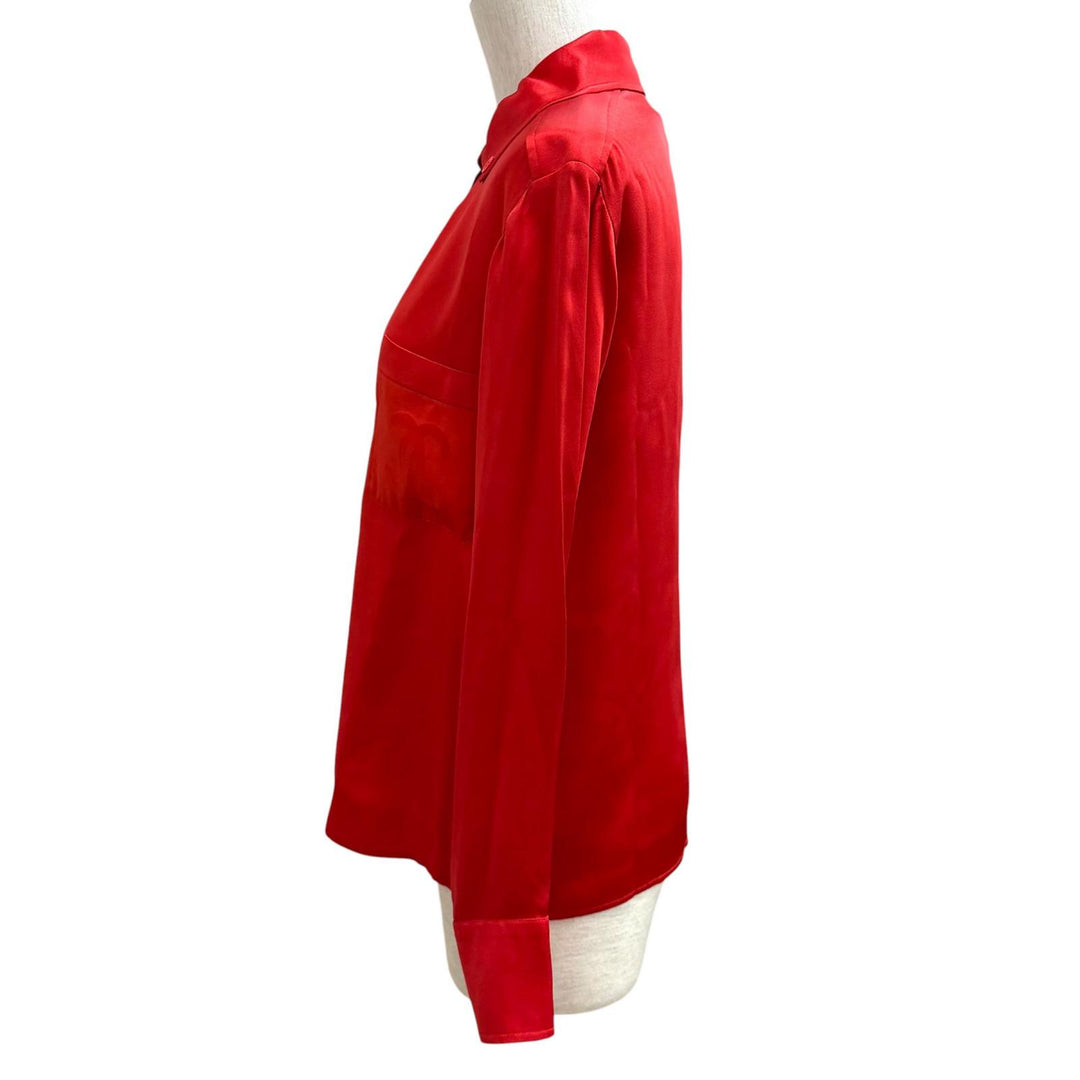 Excellent CHANEL blouse COCO Mark embroidered long-sleeved shirt Red silk 34