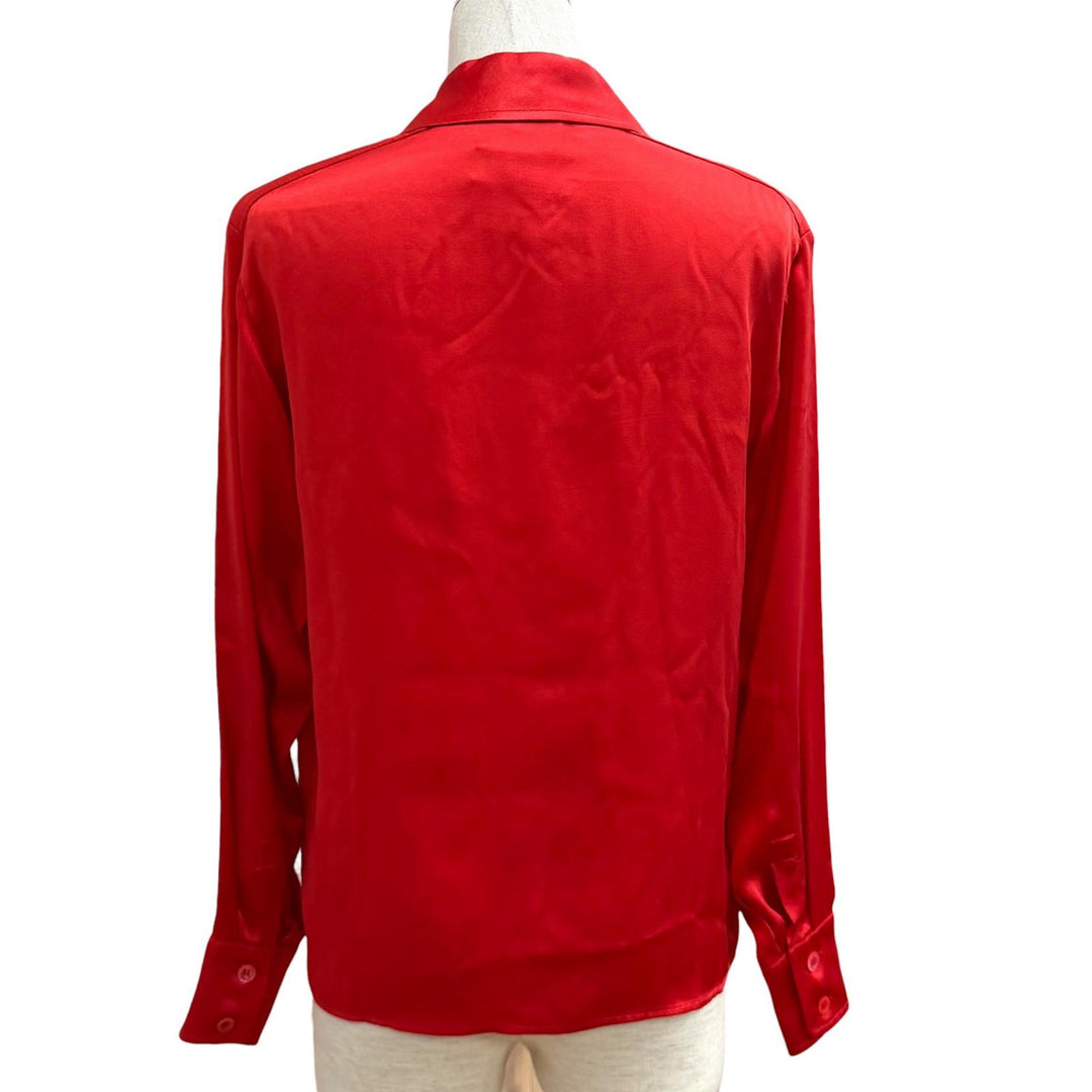Excellent CHANEL blouse COCO Mark embroidered long-sleeved shirt Red silk 34