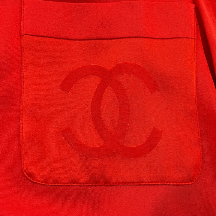 Excellent CHANEL blouse COCO Mark embroidered long-sleeved shirt Red silk 34