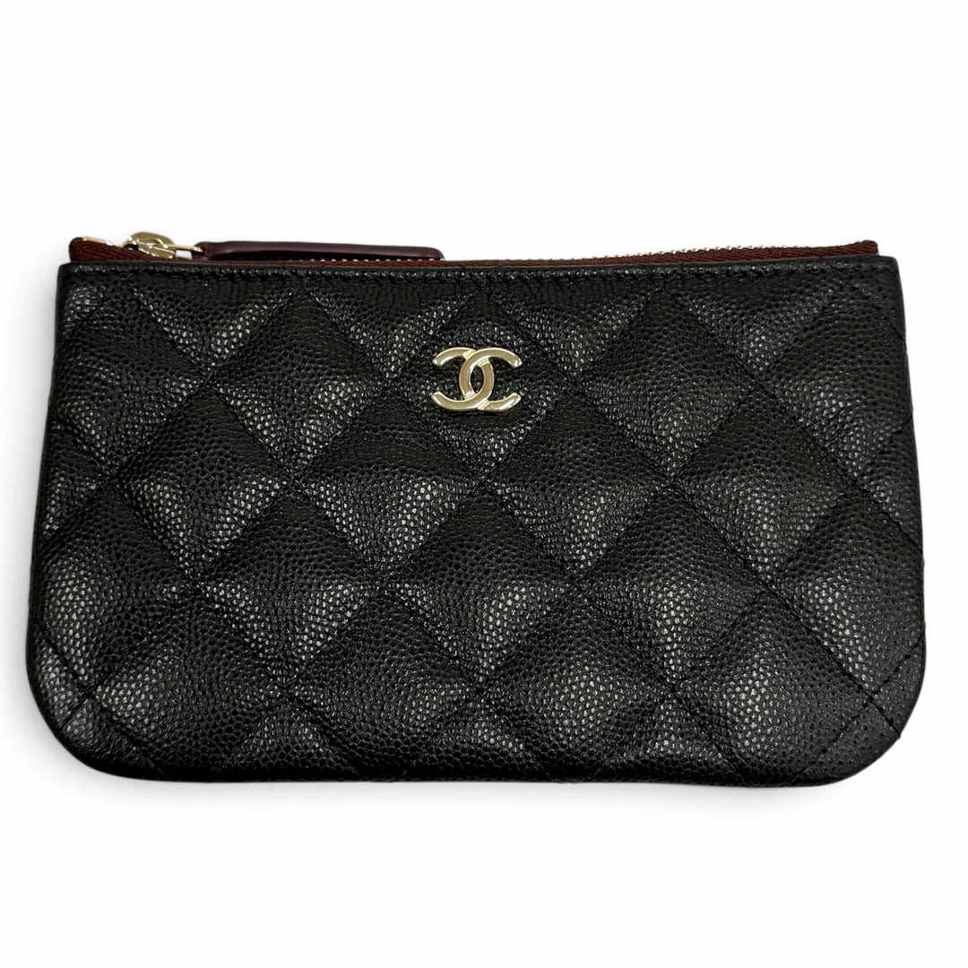 Excellent CHANEL Pouch Classic Small Zip Pouch COCO Mark Shiny Grained Calfskin