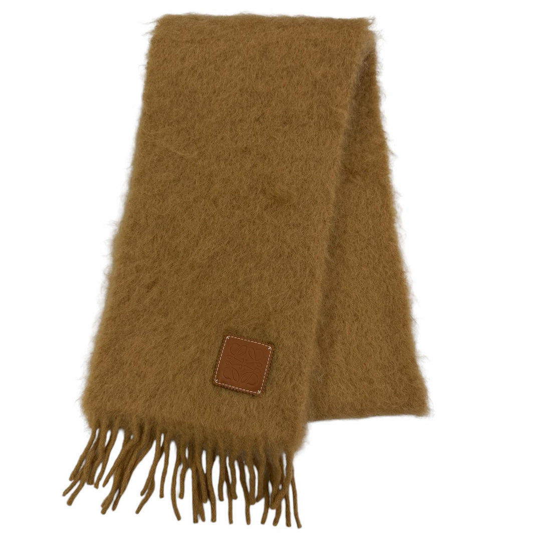 Excellent LOEWE Scarf Anagram leather logo patch with fringe Brown mohair Women