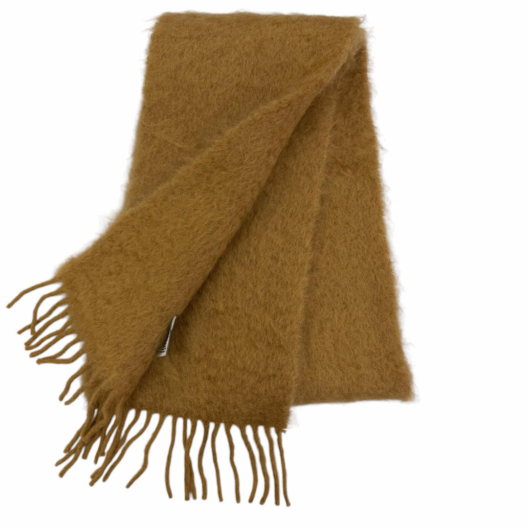 Excellent LOEWE Scarf Anagram leather logo patch with fringe Brown mohair Women