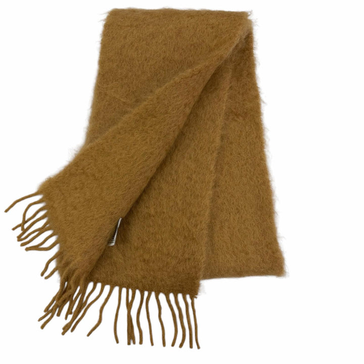 Excellent LOEWE Scarf Anagram leather logo patch with fringe Brown mohair Women