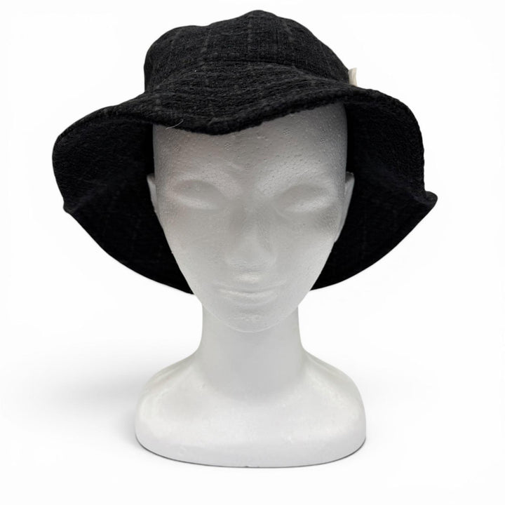 Great CHANEL hat Silk blend corsage COCO Mark tweed black wool Women 57