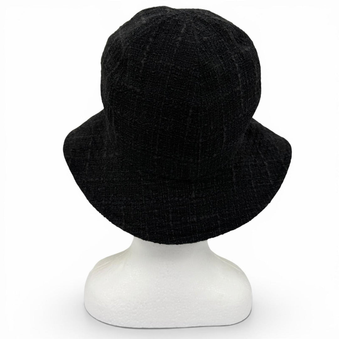 Great CHANEL hat Silk blend corsage COCO Mark tweed black wool Women 57